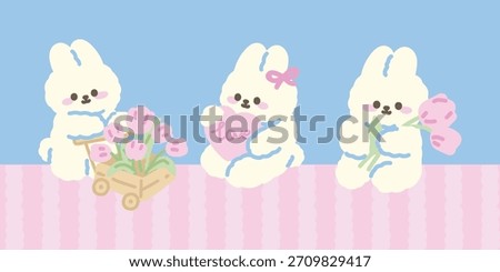 Set of Cute Bunny with Tulips Illustration. Hand drawn Cartoon kawaii style. Vector. flat design. 