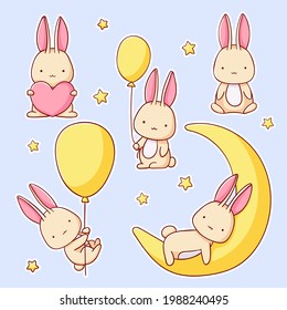 set of cute bunny in various poses, cartoon style