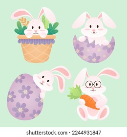 Set of cute bunny vector. Funny doodle Easter bunny. Little bunny in cartoon style.