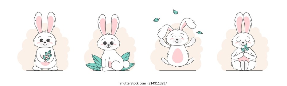 Set of Cute bunnys, baby and children concept. Happy easter rabbits different poses cartoon characters. Card with Cute bunny. Bunny with floral leafs. Design for baby, kids poster, card, invitaton.