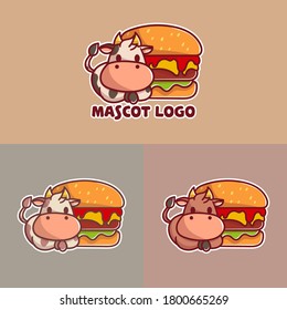 set of cute burger cow mascot logo with optional apprearance. premium kawaii vector