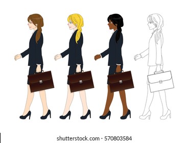 Set Cute Business Woman holding a Brief Case while Walking. Side View. Full Body Vector Illustration. isolated on White Background