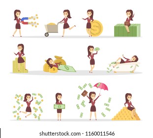 Set of cute business woman with money. Jumping with a pile of money, sitting on the banknotes and swimming in bath full of cash. Financial well-being. Isolated flat vector illustration