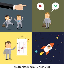 Set of cute businessman character in business concept of start up, rich, and being successful.