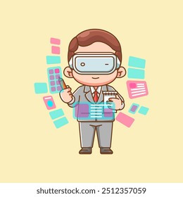 set Cute businessman interact virtual reality glasses vr chibi kawaii character mascot illustration outline style design