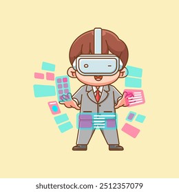 set Cute businessman interact virtual reality glasses vr chibi kawaii character mascot illustration outline style design