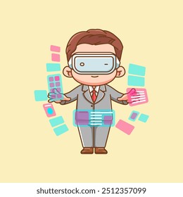 set Cute businessman interact virtual reality glasses vr chibi kawaii character mascot illustration outline style design