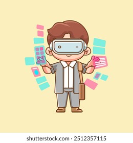 set Cute businessman interact virtual reality glasses vr chibi kawaii character mascot illustration outline style design