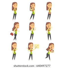 Set of cute businesswoman characters in different poses. Colorful cartoon vector Illustration