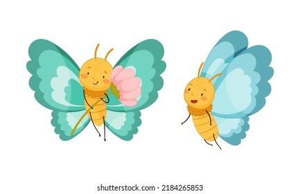 Conjunto de lindas mariposas con alas azules. Insectos sonrientes lindo con caras graciosas caricatura ilustración vectorial