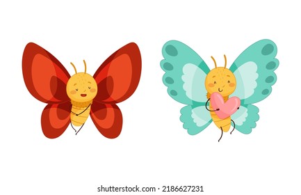 Set of cute butterflies with red and blue wings. Cute smiling insects with funny faces cartoon vector illustration
