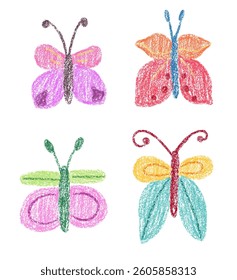 Set of cute butterfly drawing with crayon texture