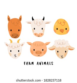 Set of cute caartoon farm animals. Funny sheep, horse, pig, cow, chicken and goat. Animals set for kid's prints and nursery room decor. Vector farm animals set 