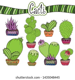 Set of cute cacti. Cartoon style. Can be used for cards, wallpapers, covers, clothes, fabrics. Beautiful stickers.