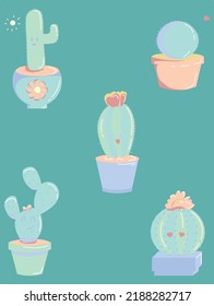 Set Of Cute Cacti In Doodle Style