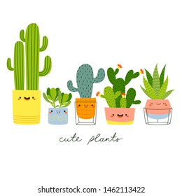 set with cute cacti with funny faces in pots on white background. vector illustration set with different cactuses. Cacti stickers set