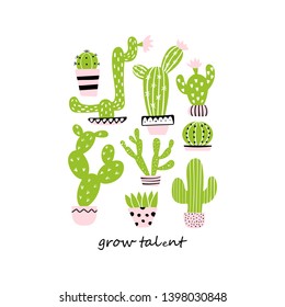 Set of cute cacti. Grow talent