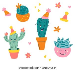 Juego de preciosos cactus. Plantas domésticas. Cacti con caras graciosas en ollas. Para postales, tarjetas de cumpleaños, invitaciones o como sticker. Ilustraciones vectoriales dibujadas a mano en el estilo moderno de las caricaturas