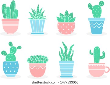 Set of cute cacti in pink and blue pots. Botanical plants vector icons. Succulent vector elements on isolated white background. 