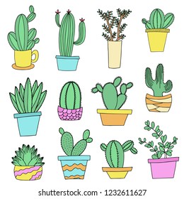 Set of cute cacti in pot isolated on white background