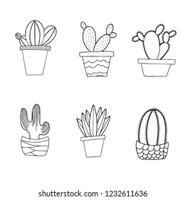 Set of cute cacti in pot isolated on white background