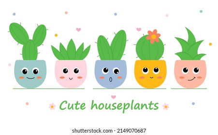 Set of cute cacti in pots in cartoon style with different fun emotions. Vector illustration