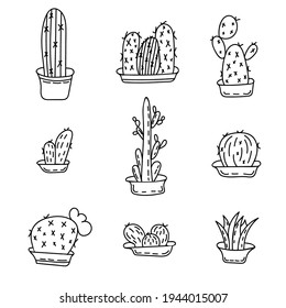 Set of cute cacti in pots. Home plant cactus. Hand-drawn vector illustration. Black and white doodle style.