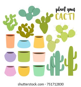 set of cute cacti and pots on white background. plant your cacti set. 