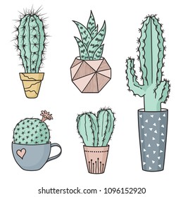 Set of cute cacti in pots in pastel colors