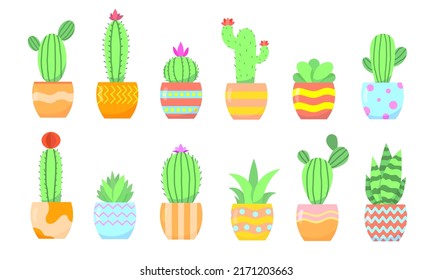 A set of cute cacti and succulents in pots. Flat vector illustration.