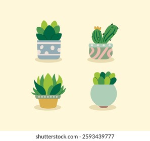 A set of cute cacti and succulents in pots. Bright vector artwork in a cartoon style. Perfect for greeting cards, prints, packaging, web, and app design.
