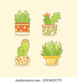 A set of cute cacti and succulents in pots. Bright vector artwork in a cartoon style. Perfect for greeting cards, prints, packaging, web, and app design.
