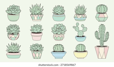 Conjunto de cactos bonitos e suculentos na ilustração de potes, Esta ilustração apresenta uma variedade de cactos desenhados à mão e suculentos em potes de cor pastel. Perfeito para adicionar um toque da natureza a qualquer