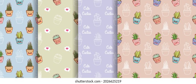 set of cute cactus cartoon character seamless pattern