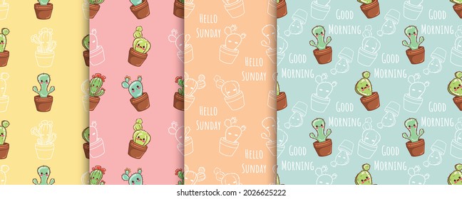 set of cute cactus cartoon character seamless pattern