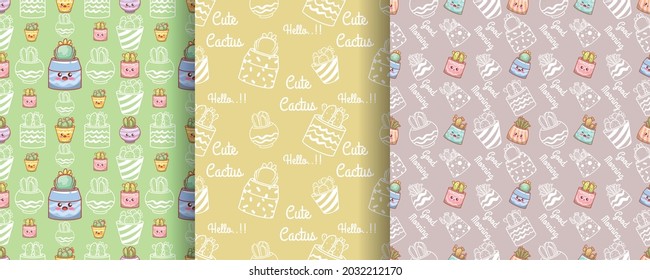 set of cute cactus cartoon character seamless pattern