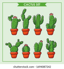 Set of cute cactus cartoon plants in pots, desert plants in pots template vector