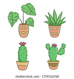 set of cute cactus with colored doodle style 