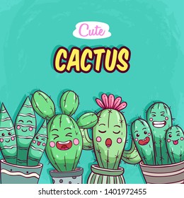 Set of cute cactus with colored hand drawn style on green background