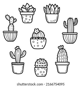 Conjunto de ilustraciones de doodle de cactus lindas aisladas en fondo blanco