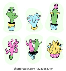 Set of cute cactus in flowerpot.Collection of desert plants isolated.succulents with funny faces.Kawaii cactus set