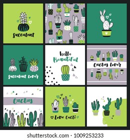 Set of cute cactus lover greeting cards. Collection of templates with succulents in flower pots, heart-shaped cacti and hand lettering phrases.