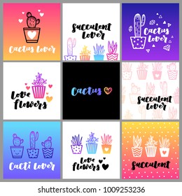 Set of cute cactus lover greeting cards. Collection of templates with succulents in flower pots, heart-shaped cacti and hand lettering phrases in modern neon color theme.
