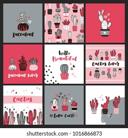 Set of cute cactus lover greeting cards. Collection of templates with succulents in flower pots, heart-shaped cacti and hand lettering phrases.