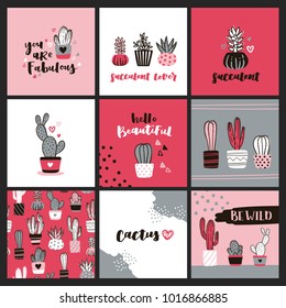 Set of cute cactus lover greeting cards. Collection of templates with succulents in flower pots, heart-shaped cacti and hand lettering phrases.