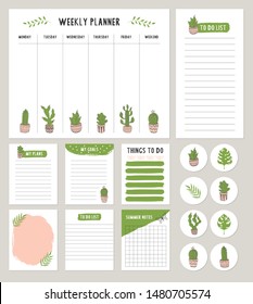 Set of cute cactus planners and to do list with Scandinavian design style and lettering. Template for stationery. Isolated. Vector illustration. Stickers.