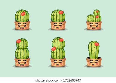 set of cute cactus in a pot