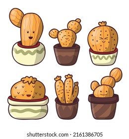 Set of cute cactus in pot with verious shape and emotion drawing in cartoon style, isolated on white background, vector illustration