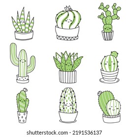 A set of cute cactus in the style of doodles. cacti with kawaii emotions. Vector illustration of happy smiling cacti and succulents with spikes and needles. A plant in a flower pot. icons.