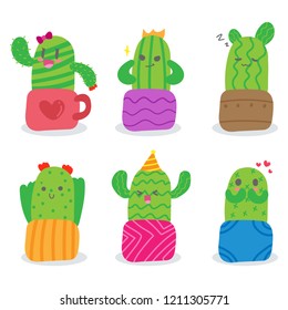 Set of Cute Cactus succulent green plant in pot with happy funny sleep and in love with heart face emotion cartoon character flat design vector on white background.